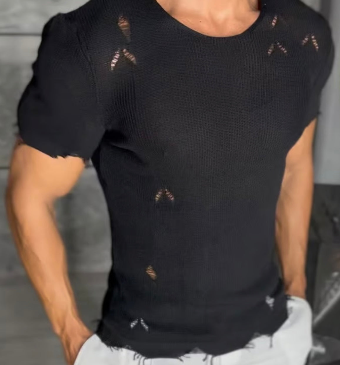 Men'S Casual Fashion Knitted Ripped Round Neck Short-Sleeved T-Shirt image 0