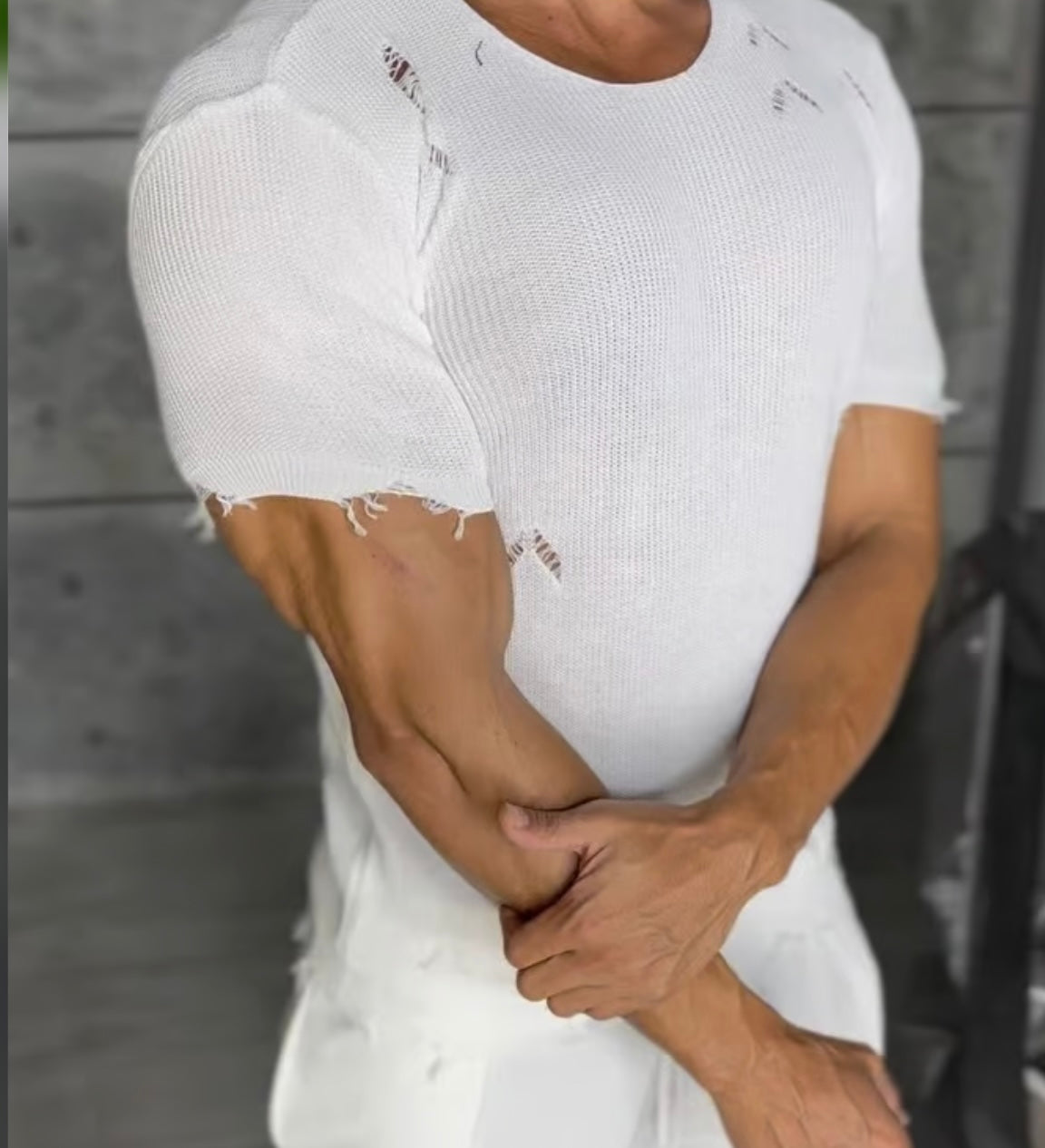 Men'S Casual Fashion Knitted Ripped Round Neck Short-Sleeved T-Shirt image 1